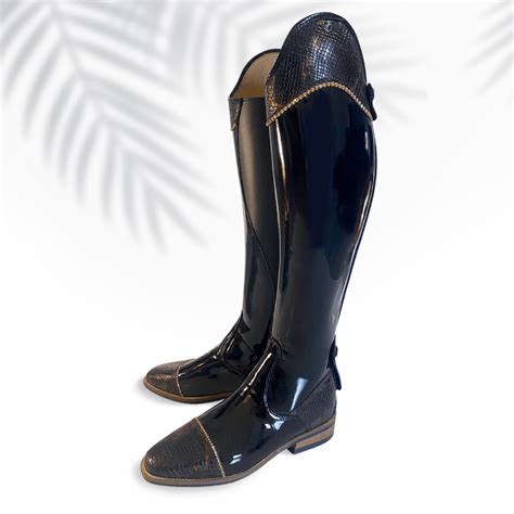 Custom Shiny Black Patent Dressage Boots with Chic Snake-Print Details ...