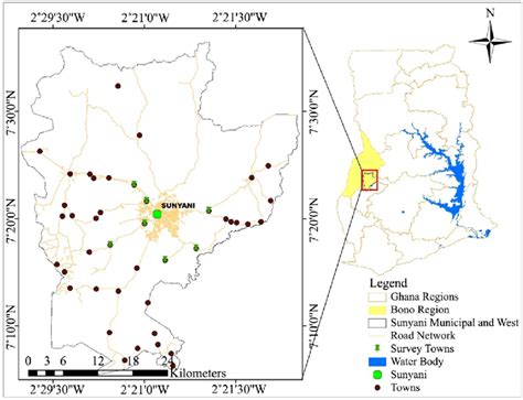 Study area map of Sunyani Municipality and the Sunyani west district ...