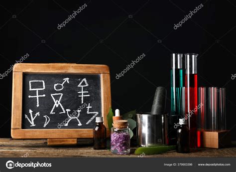 Potions Chalkboard Symbols Alchemist Table — Stock Photo © serezniy ...