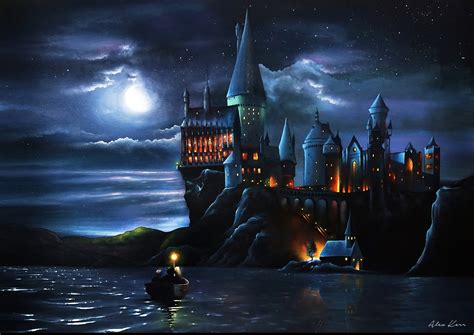 Beautiful Scottish Hogwarts Castle Moonlight Painting Art | Etsy