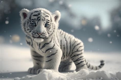 Premium Photo | Cute white baby tiger playing in winter snow generative ai