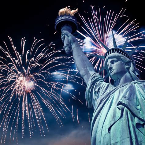 Statue Of Liberty At Night With Fireworks, New York Stock Photo - Image ...