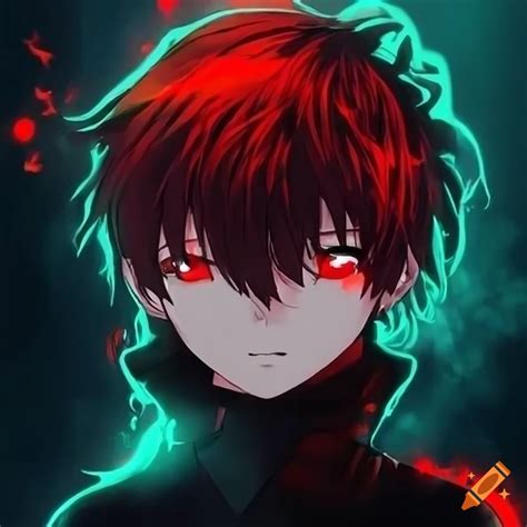 A cool anime boy with red eye glowing like red flames with black hair ...