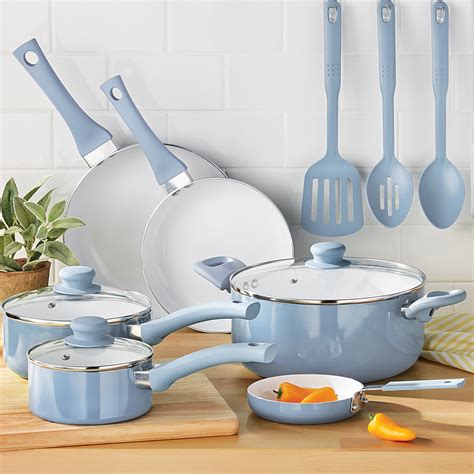 Mainstays Ceramic Nonstick Aluminum 12 Pieces Cookware SET Blue linen ...