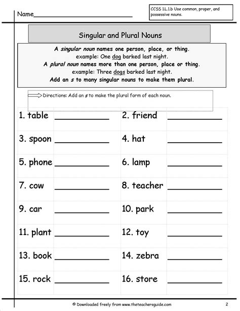 Singular and Plural Nouns Worksheets from The Teacher's Guide | Nouns ...