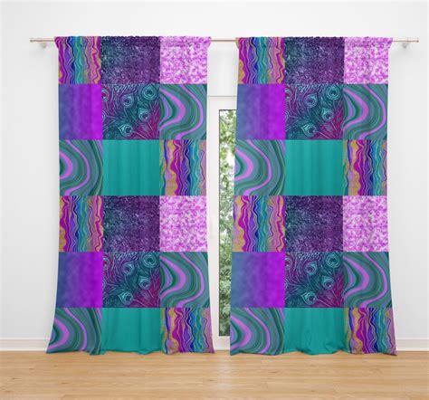 Window Curtains Purple and Teal Boho Faux Patchowrk | Etsy