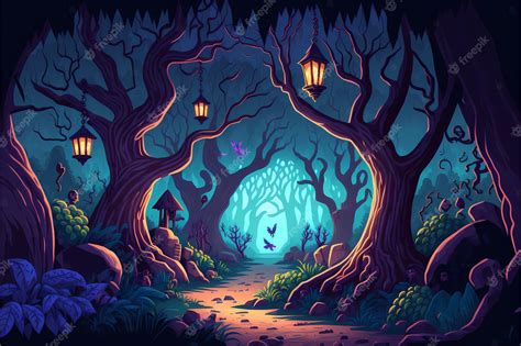 Premium Photo | Background mystical forest illustration, cartoon style ...