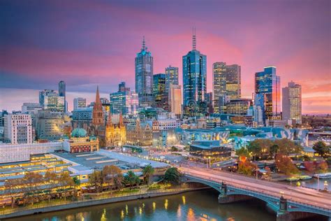 Sunset Over Skyline Of Melbourne Downtown, Princess Bridge And Yarra ...