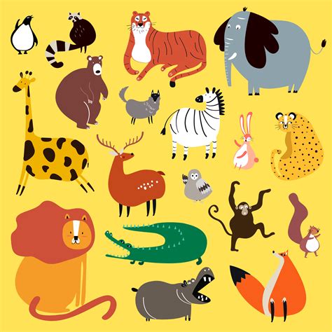 Collection of cute wild animals in cartoon style vector - Download Free ...