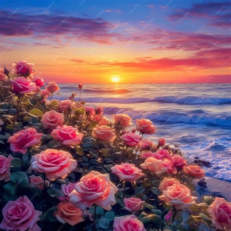 Premium AI Image | Roses are blooming on a beach at sunset with the ...