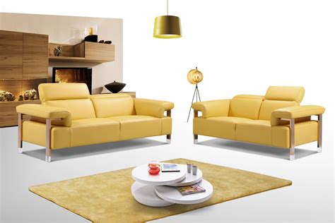 Canary Yellow Three Piece Top Grain Leather Living Room Set Baltimore ...