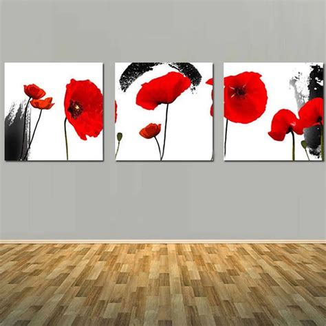 Handmade Modern Abstract Three Panels Red Flower Canvas Art Oil ...