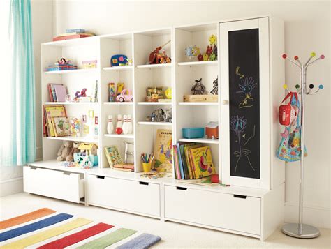 Appealing Playroom Storage Ideas Design With Large White Wall Shelf ...