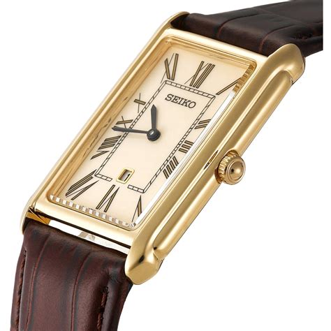 Seiko Men's SXB850 Gold Tone Rectangular Dial Brown Leather Strap Watch ...