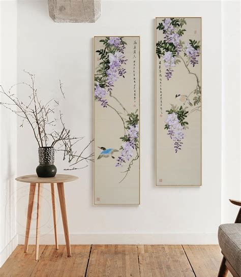 Hand-painted Wisteria Blossoms and Bird, Original Chinese Watercolor ...