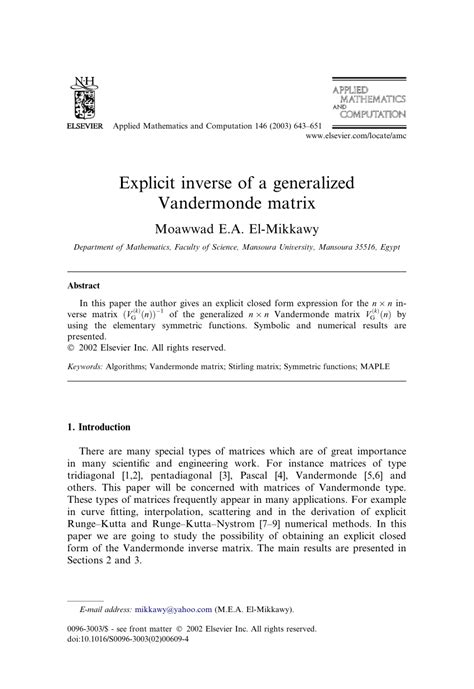 (PDF) Explicit inverse of a generalized Vandermonde matrix