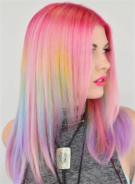 Pastel Pink Hair With Rainbow Highlights | Rainbow hair color, Rainbow ...