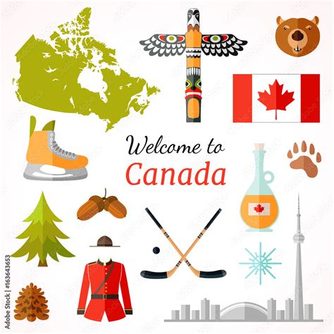 Travel banner with famous Canadian symbols, culture element, icons for ...