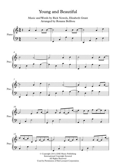 Young And Beautiful (arr. Roxana Belibou) Sheet Music | Lana Del Ray ...