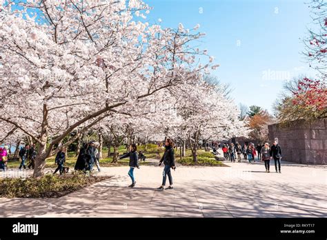 Washington DC, USA - April 5, 2018: People walking by Franklin Delano ...