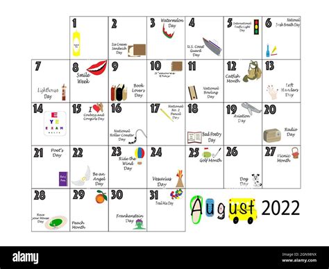 August 2022 illustrated monthly calendar of quirky holidays and unusual ...