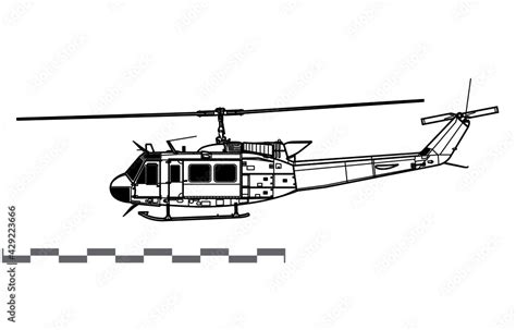 Bell UH-1H Iroquois, Huey. Vector drawing of utility helicopter. Side ...