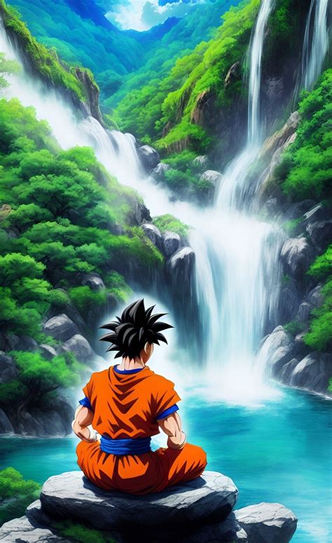 Goku meditates on a waterfall, enveloped by nature's embrace. | Fotos ...