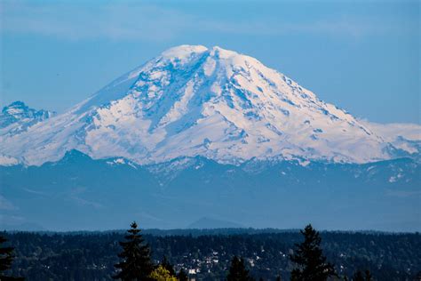 Mount Rainier on a beautiful sunny afternoon, seen from about 70 miles ...