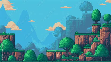 pixel art game level background, 8 bit, landscape, arcade video game ...