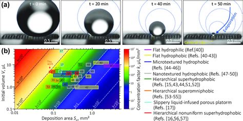 (a) Time-lapse optical micrographs illustrating evaporation of a water ...