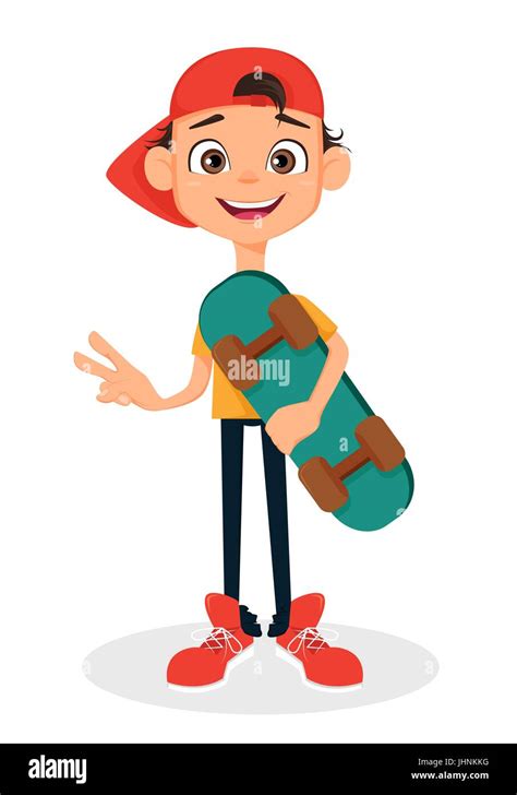 Cool boy in cap holding skateboard. Cute cartoon character. Vector ...