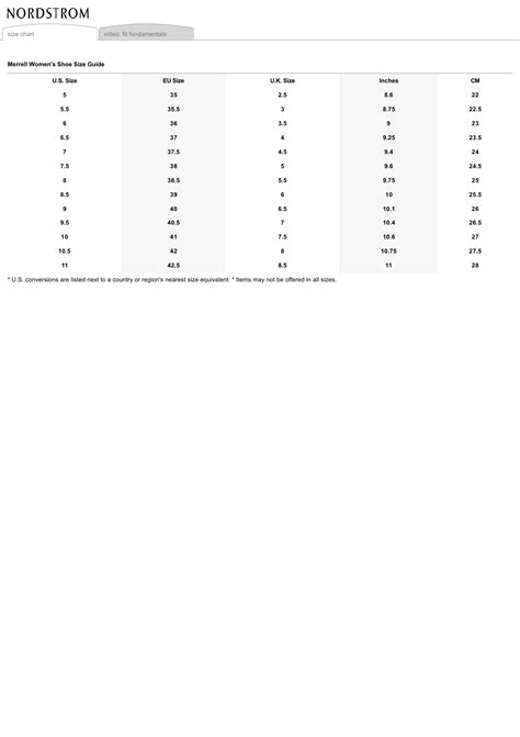 Women's Shoe Size Chart - Merrell Download Printable PDF | Templateroller