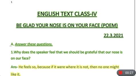 Be Glad Your Nose Is On Your Face | Question Answer | Class 4 | Poem ...