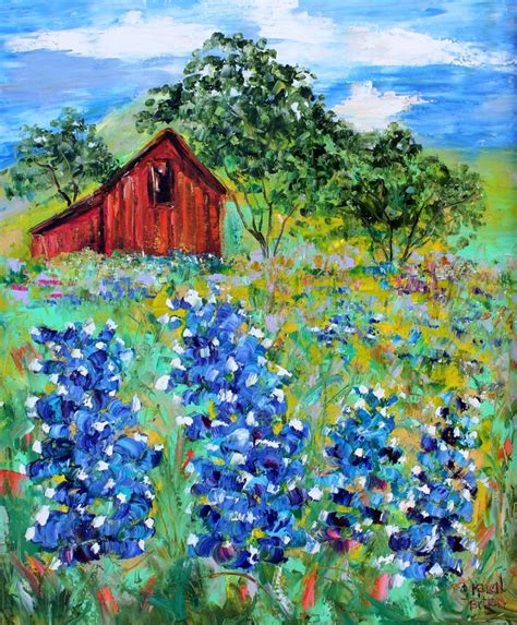 Original oil painting Texas Bluebonnets and Barn by Karensfineart