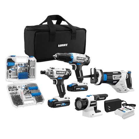 HART 20-Volt Cordless 4-Tool Combo Kit with 200-Piece Accessory Kit and ...