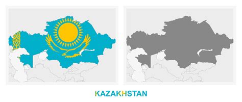 Two versions of the map of Kazakhstan, with the flag of Kazakhstan and ...