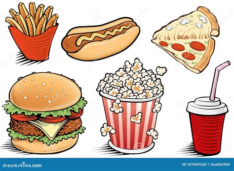 Fast Food Items-hamburger, Fries, Hotdog, Drink, Popcorn, Pizza - Hand ...