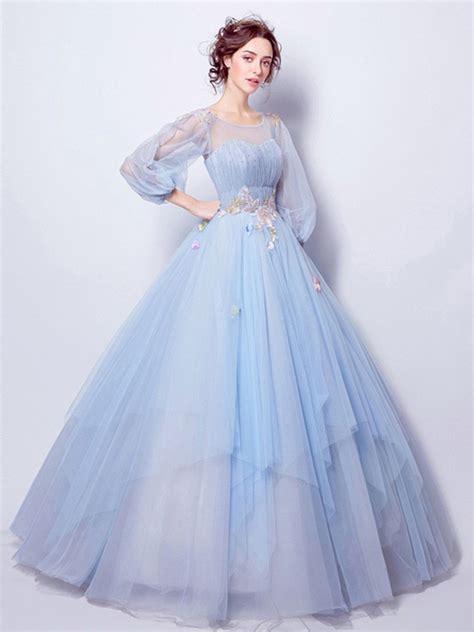 Ball Gown Scoop Neck Long Sleeve Light Blue Tulle Wedding Prom Dress