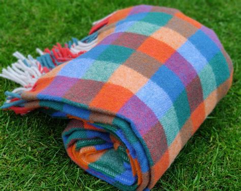 Irish Pure New Wool blanket, throw - multicolour block check - 100% ...