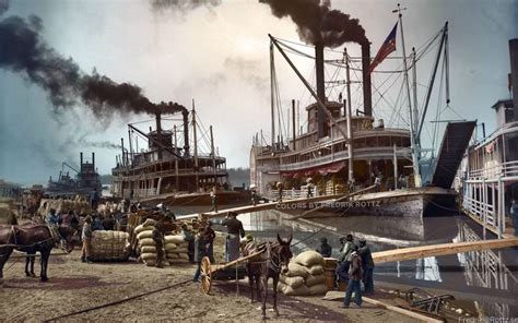 Steamboats in the Mississippi river, 1907. Colorized by me! [1920x1200 ...