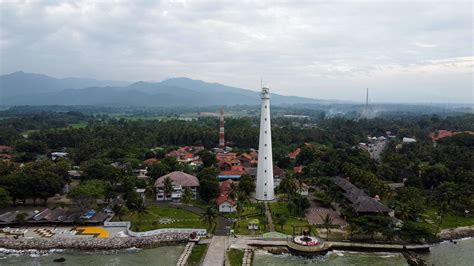 Banten, Indonesia 2021--Aerial view of Lighthouse sea rock sunset ...