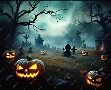 Premium AI Image | A halloween scene with pumpkins and a graveyard with ...