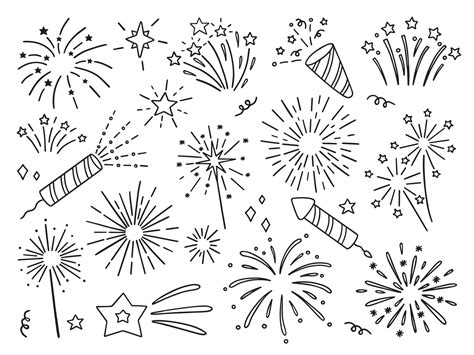 Hand drawn set of fireworks doodle. Fireckrackers in sketch style ...