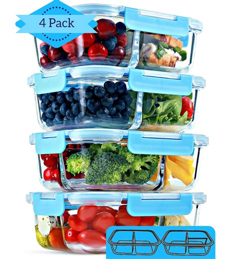 Glass Meal Prep Containers [4 Pack, 30 oz] - 2 & 3 Compartment Food ...