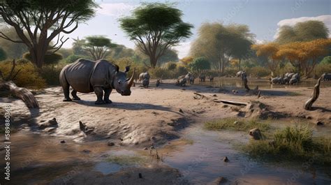 The lush and expansive rhino habitat is equipped with a refreshing mud ...