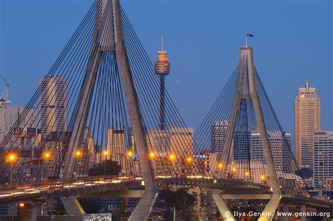 Anzac Bridge and Sydney Tower at Dusk, Glebe, Sydney, NSW, Australia ...