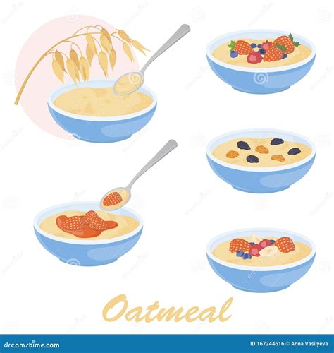 Oatmeal Porridge Illustration Set with Different Toppings Stock Vector ...