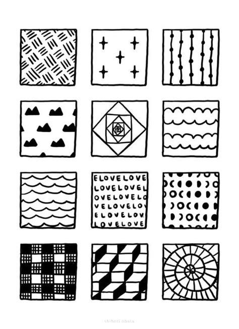 nine black and white squares with different patterns on them, all drawn ...