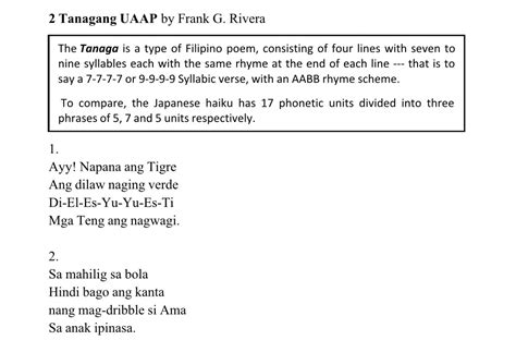 Tanaga 7 Syllables And 2 Stanza