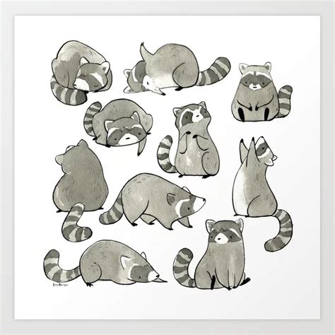 Delightfully Blobby Raccoons Art Print Animal Sketches, Cute Animal ...